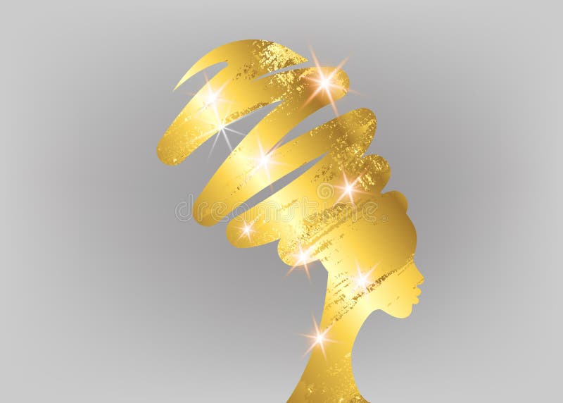 Portr?t-sch?ne Afrikanerin im traditionellen Turban, goldenes Luxusvektorschattenbild der schwarzen Frauen des schmuckkonzeptes l stock abbildung Portr?t-sch?ne Afrikanerin im traditionellen Turban, goldenes Luxusvektorschattenbild der schwarzen Frauen des schmuckkonzeptes l stock abbildung