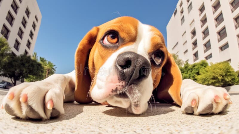 Portrait of an adorable Beagle dog lying on a pavement stock illustration