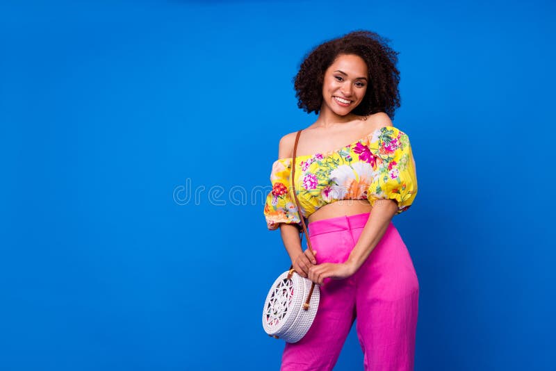 Portrait Of Adorable Cheerful Lady Hold Bag Toothy Smile Good Mood Empty Space Isolated On Blue 