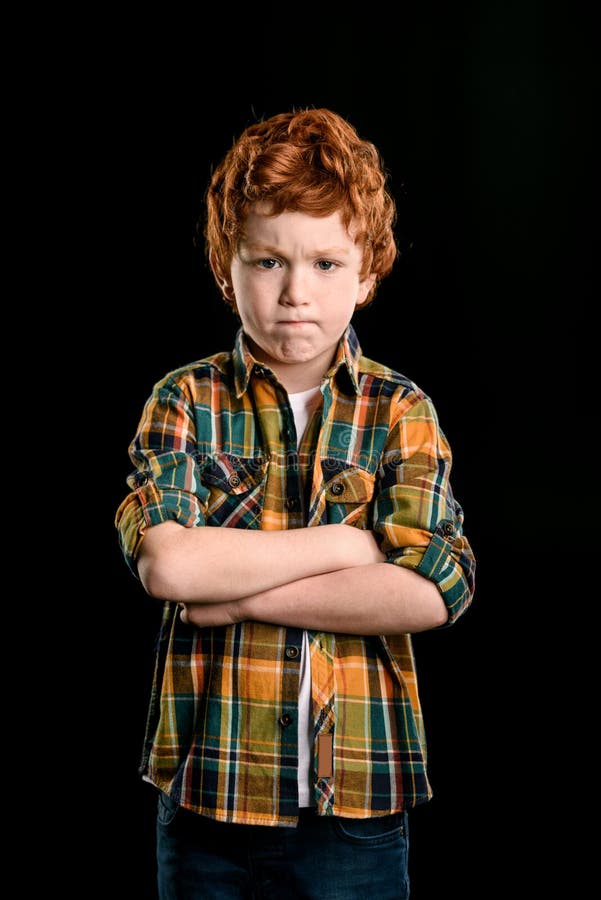 Portrait of Adorable Redhead Boy with Crossed Arms Looking at Camera ...