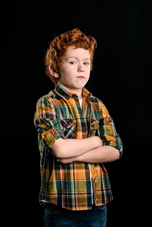 Portrait of Adorable Redhead Boy with Crossed Arms Looking at Camera ...