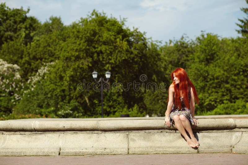 Portrait Af A Beautiful Redhead Woman Outdoors Stylish Romantic Young 