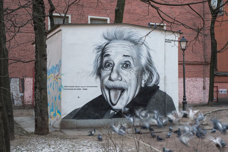 St.Petersburg, Russia - January 2, 2016: Black and white portrait of Albert Einstein. Graffiti on the wall transformer station in the heart of the metropolis