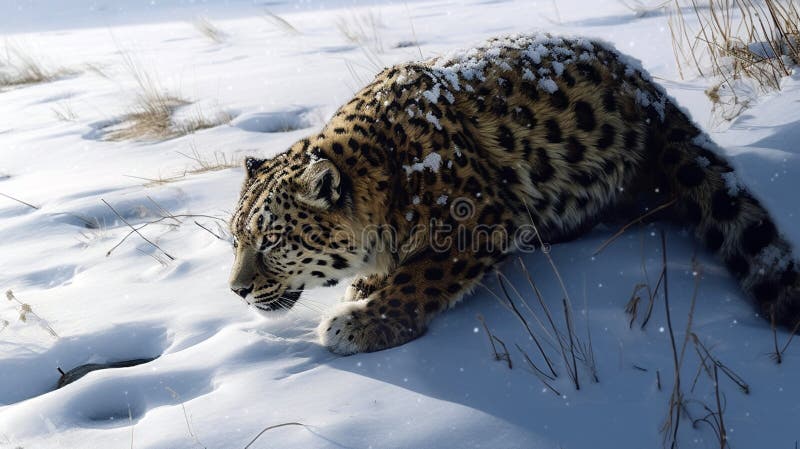Portrait of Amur leopard. a lone Amur leopard trudging through the deep snow. Generative AI vector illustration