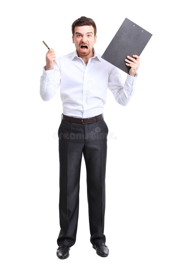 Portrait of angry businessman making notes stock photography