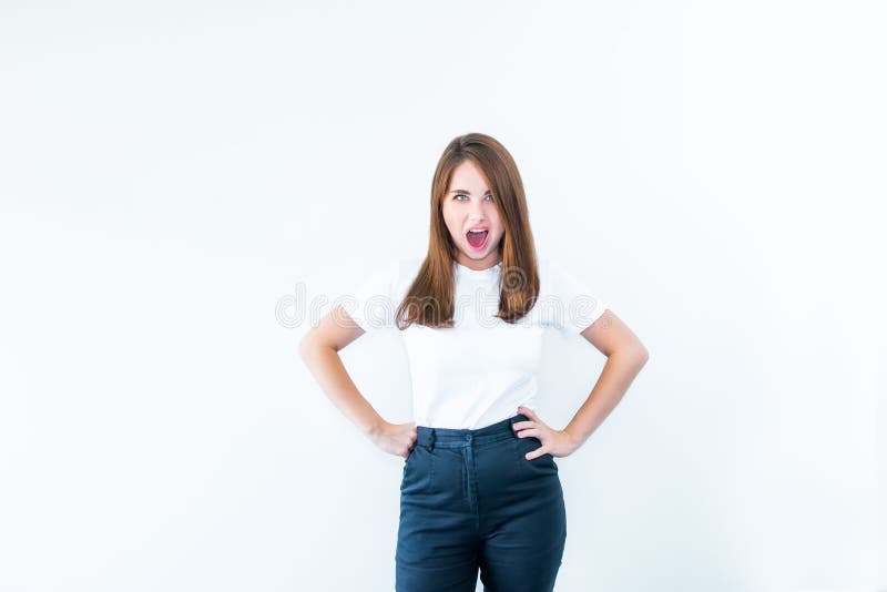 Portrait of angry pensive crazy stress beautiful young caucasian woman looking at camera and screaming out isolated on white backg royalty free stock images Portrait of angry pensive crazy stress beautiful young caucasian woman looking at camera and screaming out isolated on white backg royalty free stock images