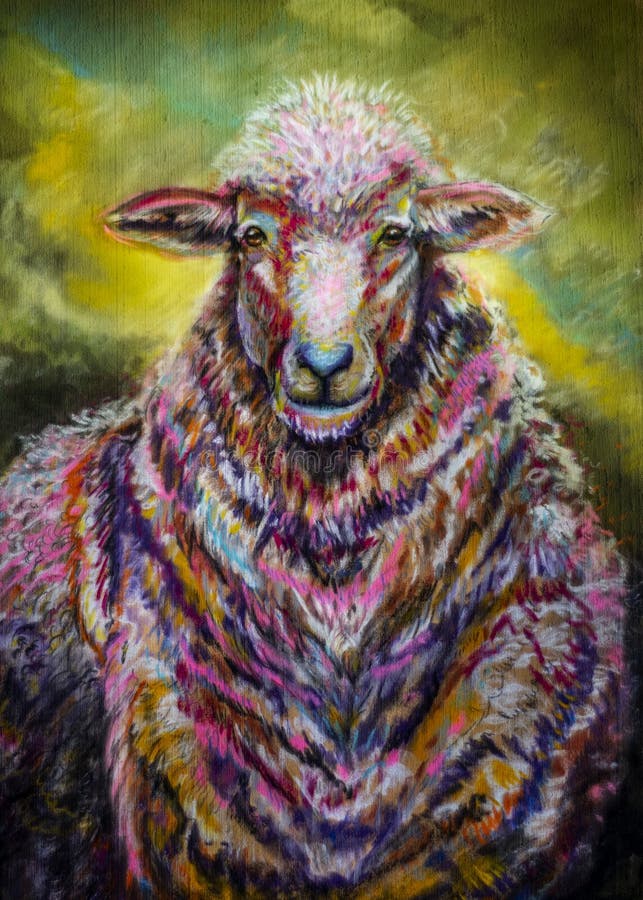 Portrait Art sheep with colorful wool coat
