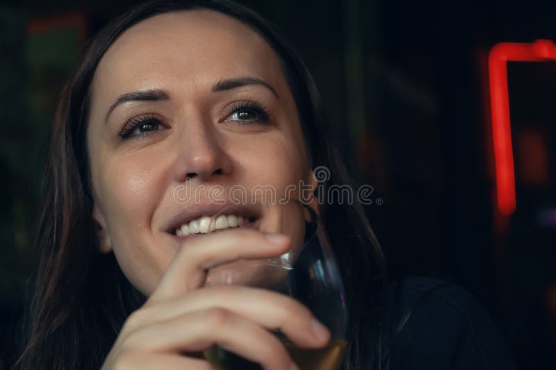 Portrait of Attractive Caucasian Smiling Woman Drinking Glass of White ...