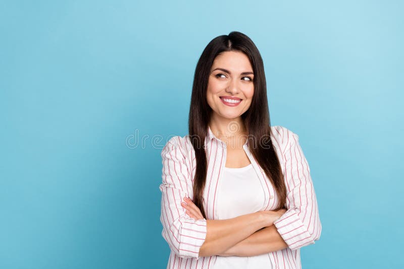 Portrait Of Attractive Cheerful Long Haired Girl Thinking Copy Space