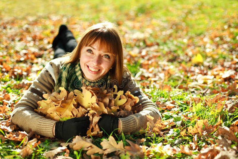 Portrait of Autumn Smiling Girl Lying on Tree Stock Photo - Image of ...