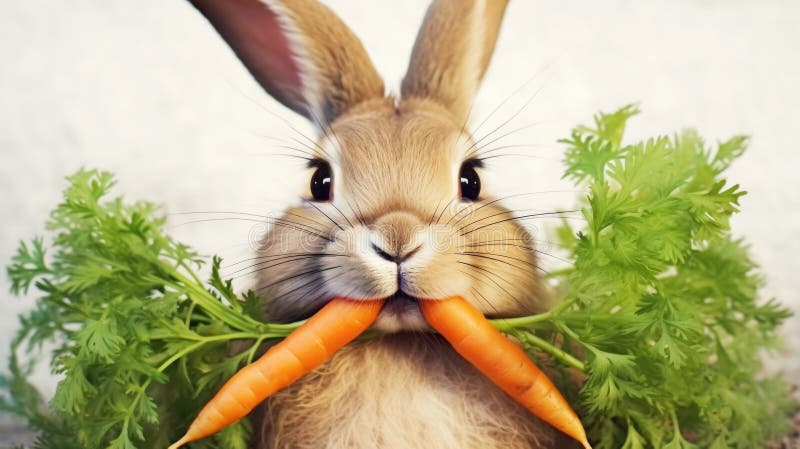 Portrait of a baby rabbit with carrots in its mouth stock illustration