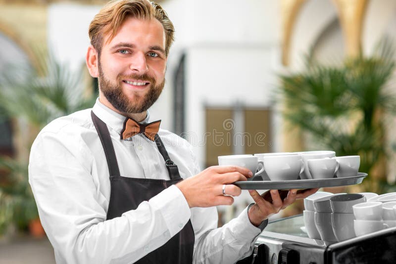 Portrait of Barista with Coffee Cups Stock Image Image of cafeteria