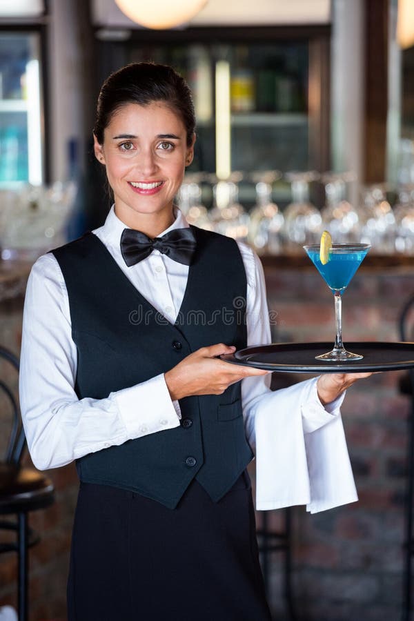 Waiter And Waitress Holding A Serving Tray With Glass Of Cocktail Stock Image Image Of Happy