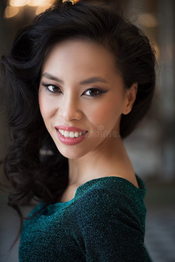 Portrait of Beautiful Asian Woman in Green Dress Stock Image - Image of ...