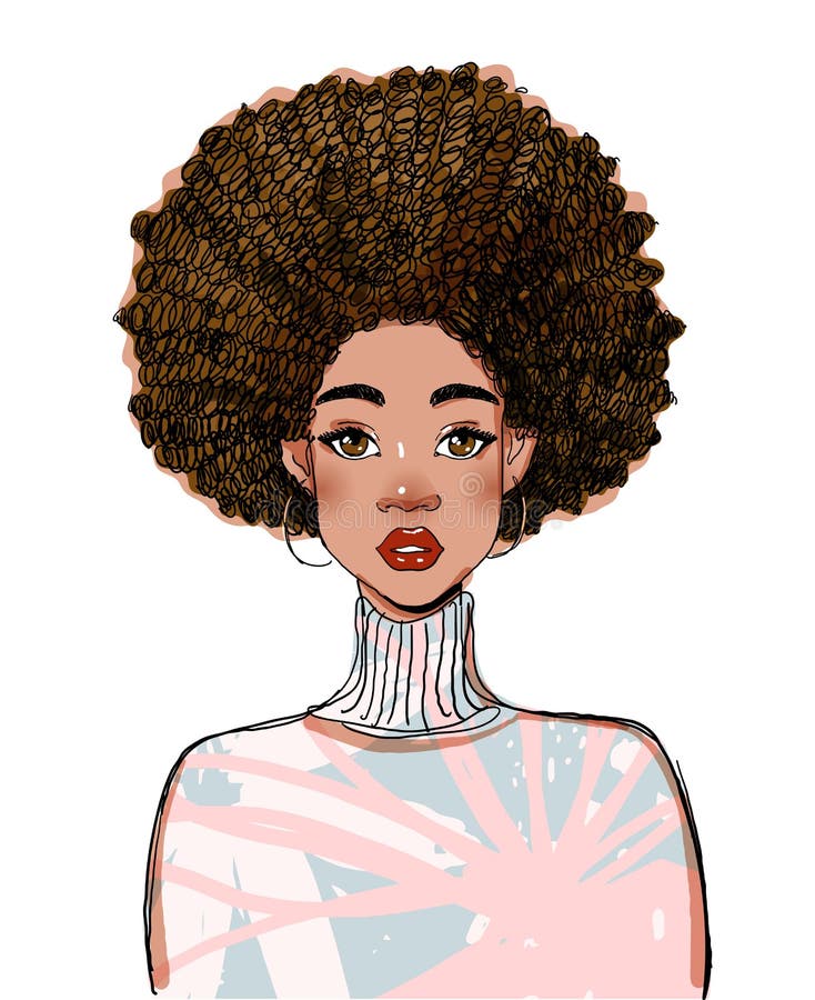 Portrait of a beautiful black woman model. Modern afro american girl with curly hair. Vector illustration isolated on a