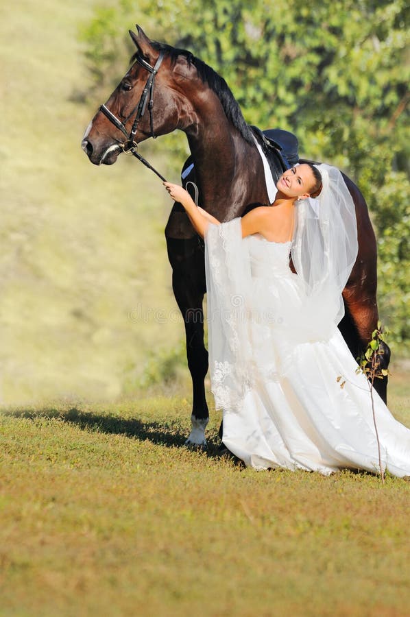 Portrait of beautiful bride with horse stock image