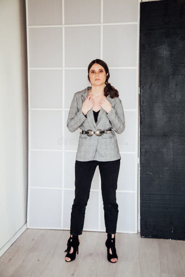 Portrait of a Beautiful Fashionable Brunette Woman in a Gray Office ...