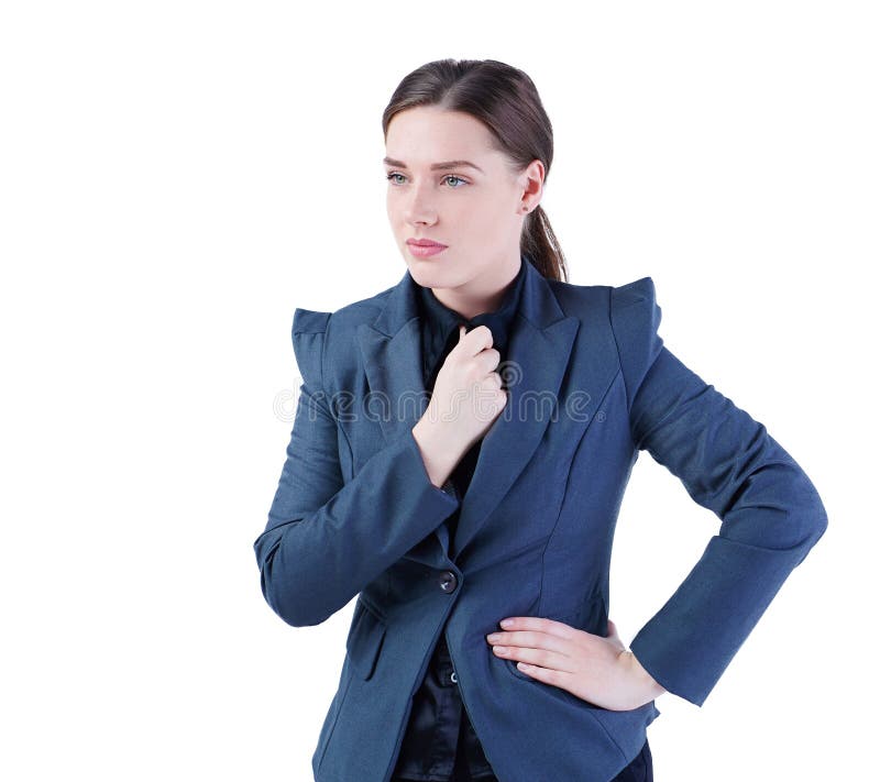 Portrait Of A Beautiful Business Woman Straightens Her Tie Isolated Over White Background