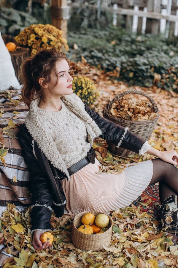 Portrait Beautiful Girl in Autumn Garden Stock Photo - Image of face ...