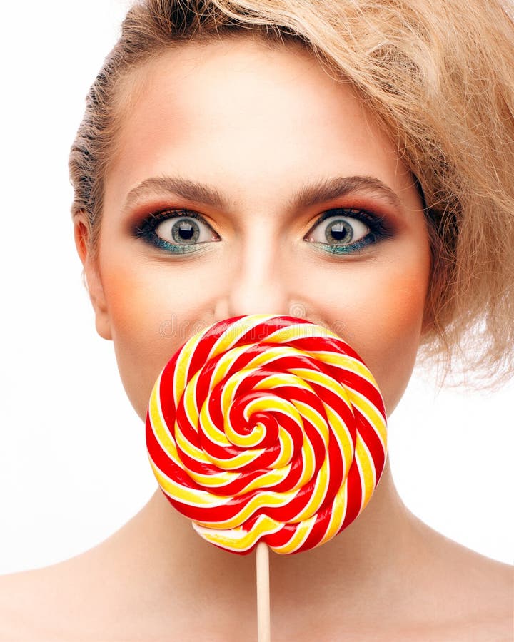 Portrait of Beautiful Girl with Big Lollipop Stock Image - Image of ...