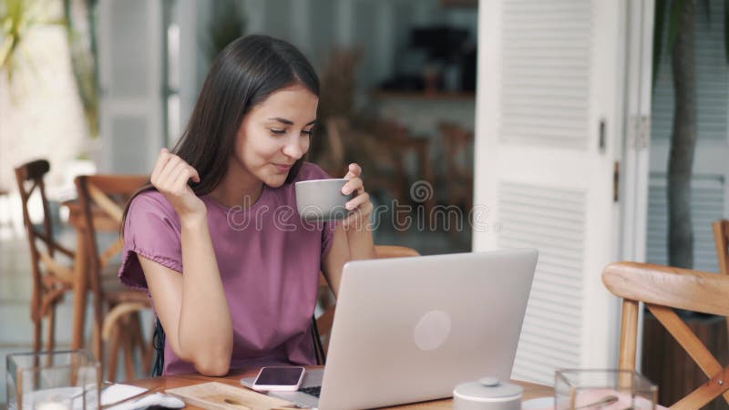 Portrait of Beautiful Girl in Cafe Talking on Video Link through Laptop Webcam Stock Footage - Video of laptop, call: 185126276