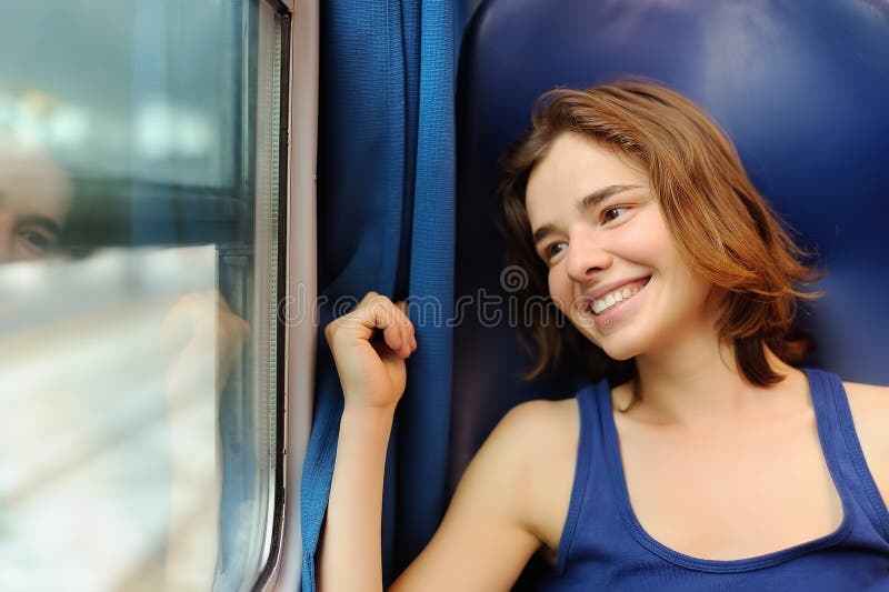 Portrait of a beautiful girl dreaming in a train car stock image Portrait of a beautiful girl dreaming in a train car stock image