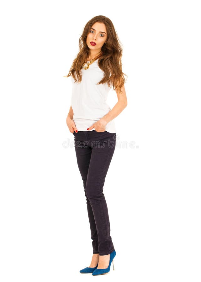 Portrait of Beautiful Girl in Jeans and White T-shirt Stock Photo ...