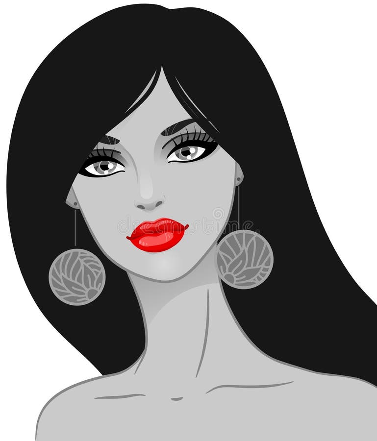 Portrait of beautiful girl with red lips. Black and white. Vector illustration