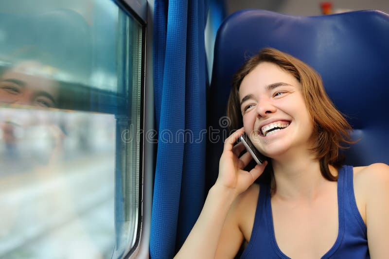 Portrait of a beautiful girl talking on the phone in a train car stock image Portrait of a beautiful girl talking on the phone in a train car stock image