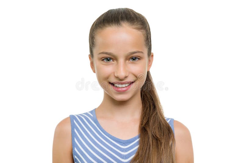 Portrait of beautiful girl of 10, 11 years old. Child with perfect white smile, isolated on white background royalty free stock photos