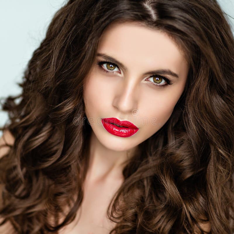 Portrait of a Beautiful Glamorous Brunette with Curly Hair and B Stock ...