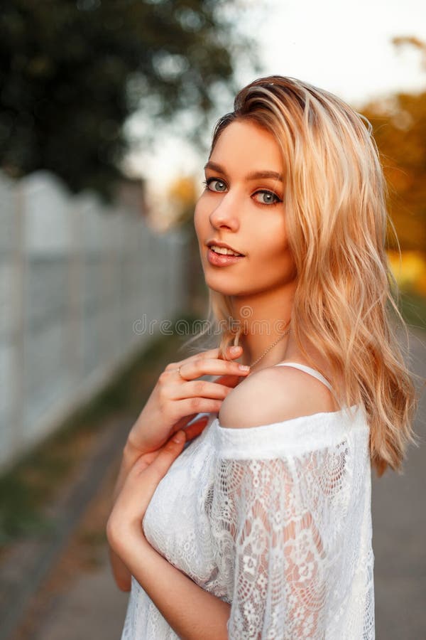 Portrait of a Beautiful Happy American Blonde Woman Stock Image