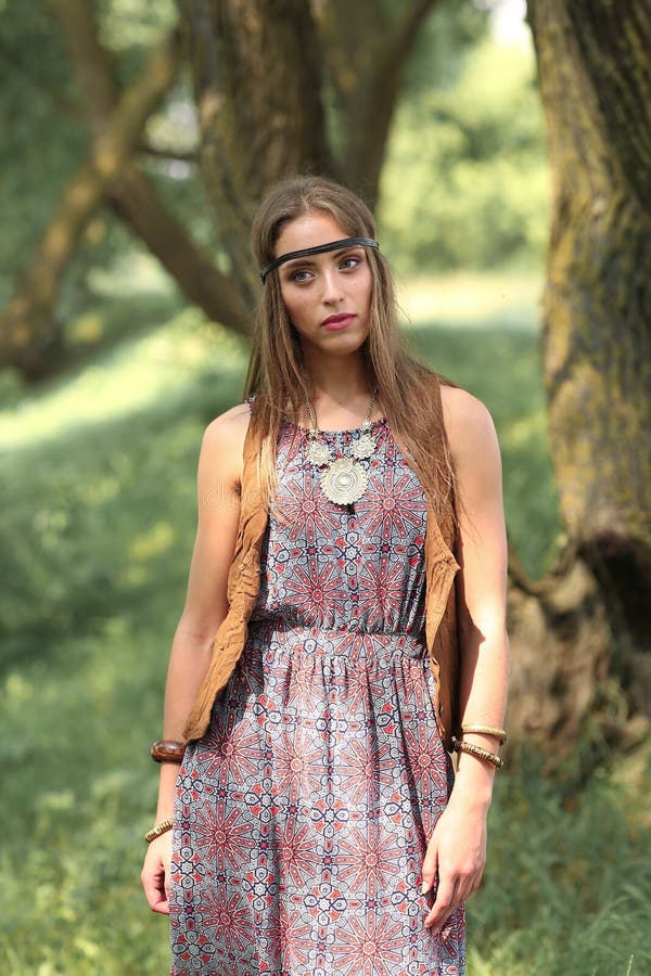 Beautiful Hippie Girl on Spring Forest Background Stock Image - Image ...