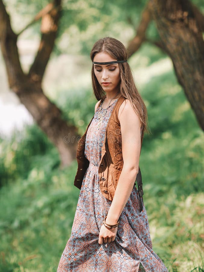 Beautiful Hippie Girl on Spring Forest Background Stock Image - Image ...