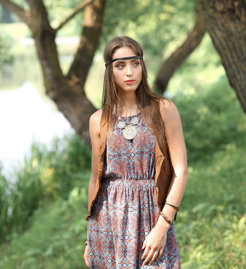 Beautiful Hippie Girl on Spring Forest Background Stock Photo - Image ...