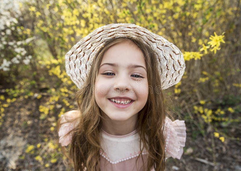 Portrait of Beautiful Little Girl with Hat in Nature Stock Image ...