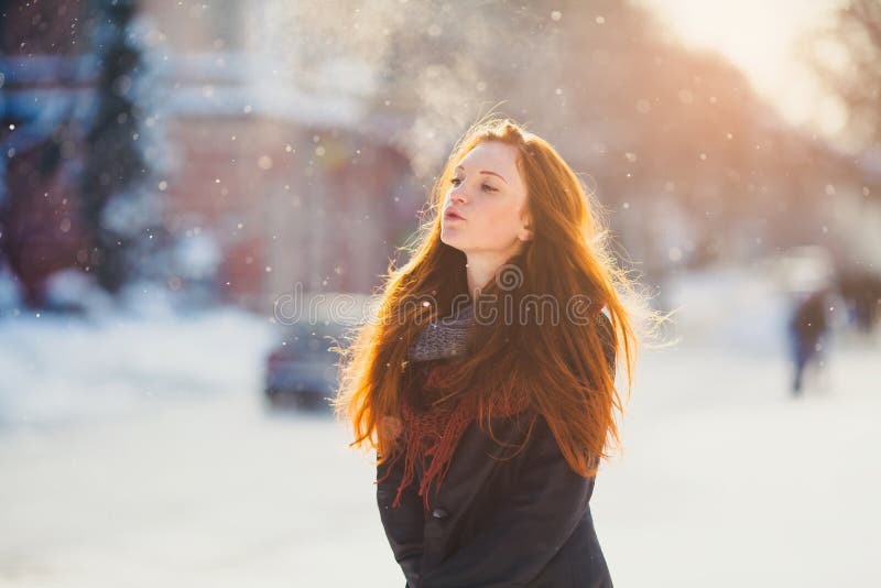 Portrait Beautiful Redhair Girl in Frosty Winter Weather. Stock Image ...