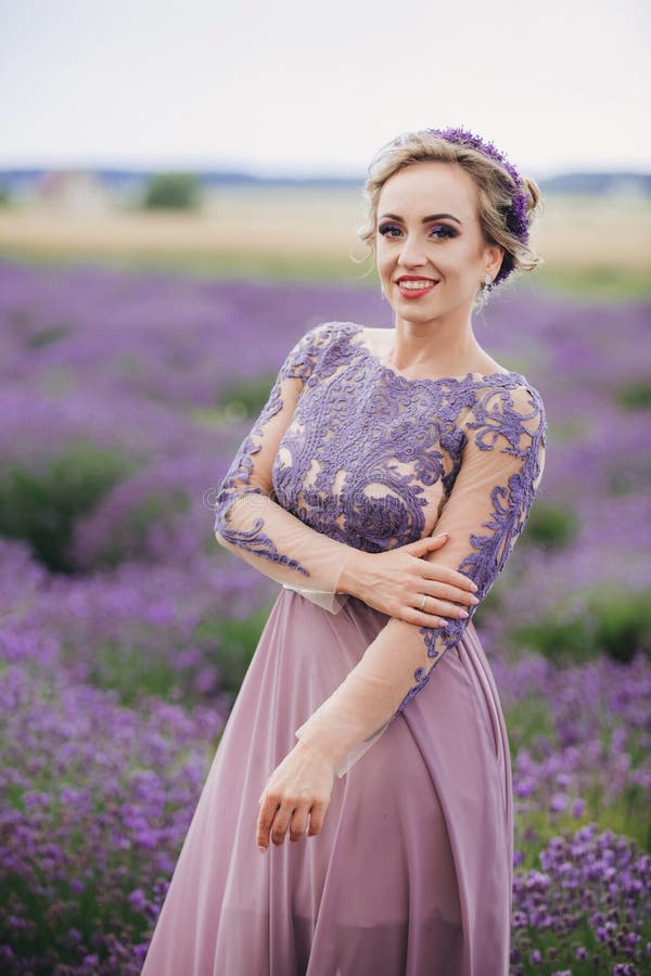 Portrait of Beautiful Romantic Woman in Purple Dress in Field of Lavender.  Young Girl with Stylish Hairstyle Stock Image - Image of flower, lifestyle:  191415499