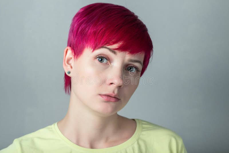 Portrait of a Sad Woman with Short Dark Pink Hair Stock Photo - Image ...