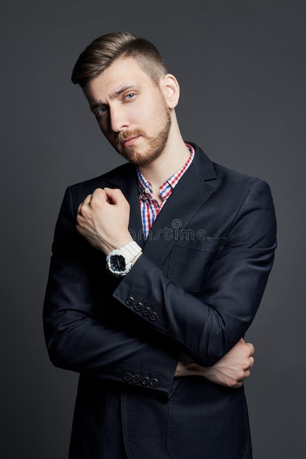 Portrait of Beautiful Brutal Men on a Dark Background. Blonde with  Beautiful Shiny Hair. a Businessman, a Manager Stock Photo - Image of  brutal, casual: 91626960