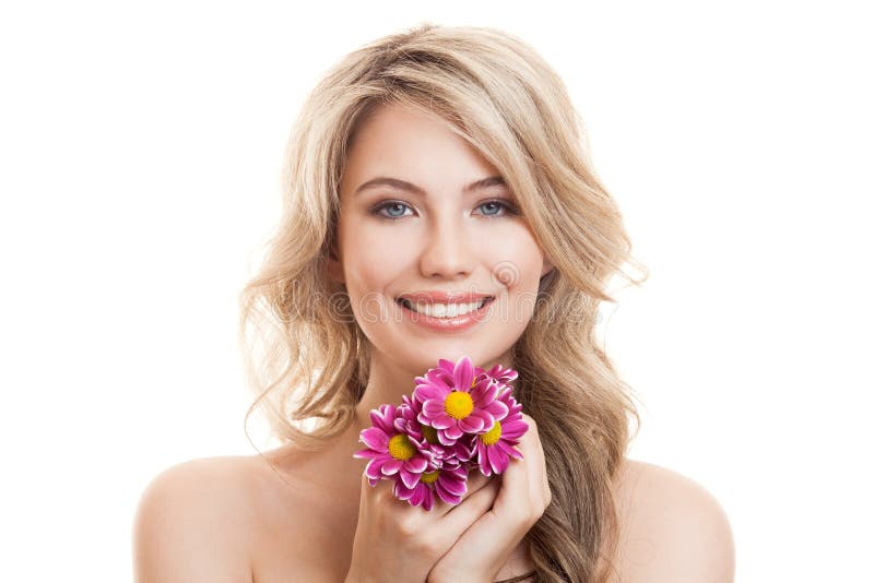 Portrait Of Beautiful Smiling Woman With Flowers. Clear Skin. stock photography