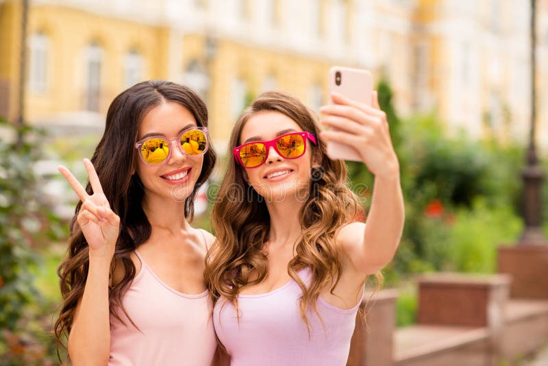 Portrait Beautiful Trendy Stylish Teens Cheerful Best Students Stroll Hairstyle People Show Travel Two Fingers V-signs Stock Image - Image of leisure, cell: 143999979 Portrait Beautiful Trendy Stylish Teens Cheerful Best Students Stroll Hairstyle People Show Travel Two Fingers V-signs Stock Image - Image of leisure, cell: 143999979