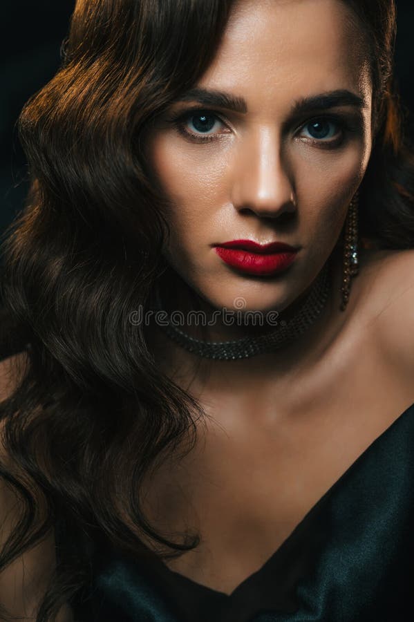 Portrait Of A Beautiful Woman In A Classic Retro Look Brunette Girl In Vintage Hollywood Movie 