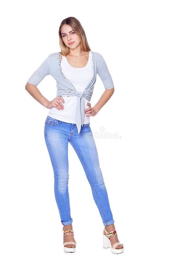 Portrait of Beautiful Woman in Jeans Posing Stock Photo - Image of ...