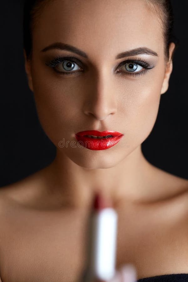 Portrait Of Beautiful Woman With Red Lipstick Red Lips Stock Image Image Of Beauty Beautiful