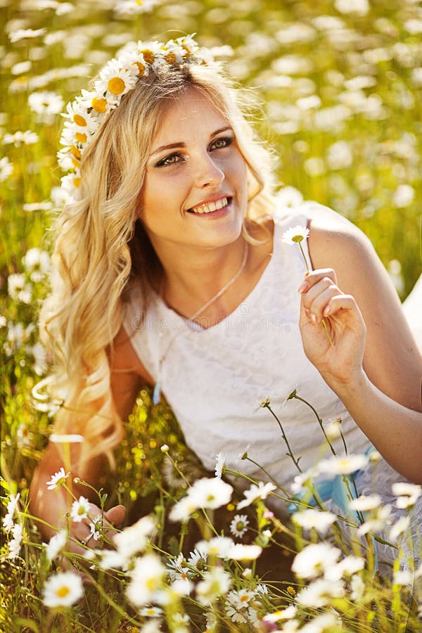 Beautiful Blonde in a Chamomile Field Stock Photo - Image of cute ...