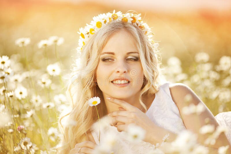 Beautiful Blonde in a Chamomile Field Stock Image - Image of bride ...