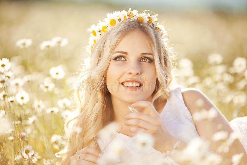 Beautiful Blonde in a Chamomile Field Stock Photo - Image of hair ...