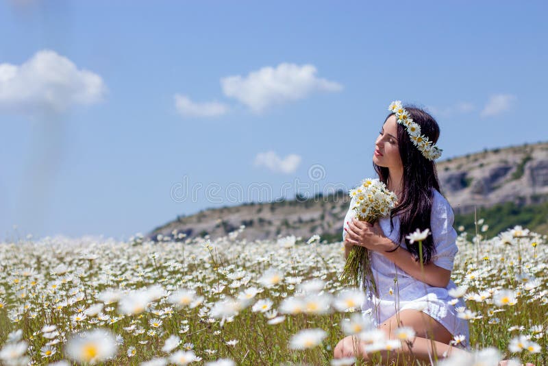 Portrait of a beautiful young woman in chamomile field. Happy girl collecting daisies. A girl resting in a field of chamomile. S royalty free stock photos Portrait of a beautiful young woman in chamomile field. Happy girl collecting daisies. A girl resting in a field of chamomile. S royalty free stock photos