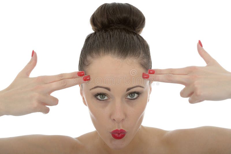 Portrait Of A Beautiful Young Woman With Her Fingers Against Her stock photography Portrait Of A Beautiful Young Woman With Her Fingers Against Her stock photography